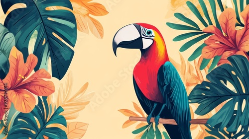 Tropical illustration of a colorful parrot perched on a branch, surrounded by vibrant leaves and flowers with blank space in the middle photo