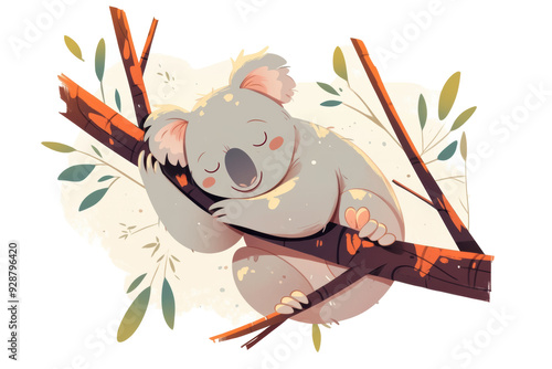 A sleepy koala hugging a tree branch photo