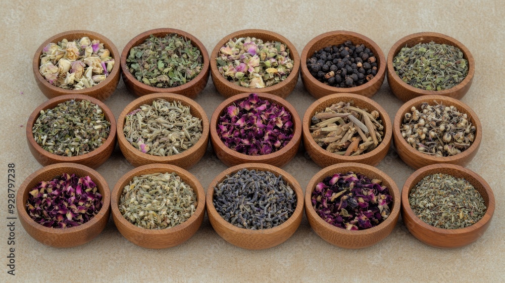 A row of wooden bowls filled with various herbs and spices A row of wooden bowls filled with various herbs and spices