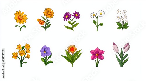 A set of twelve different colored flowers, including yellow, purple, and white