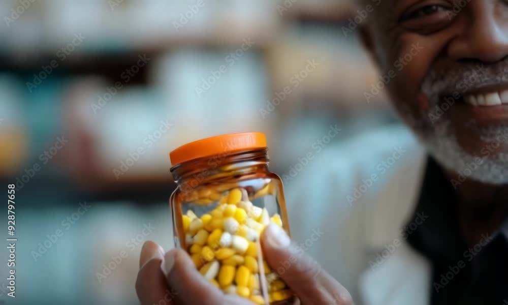 black man smiling , 70 years old, picking up medicine jar, pharmacy background black man smiling , 70 years old, picking up medicine jar, pharmacy background