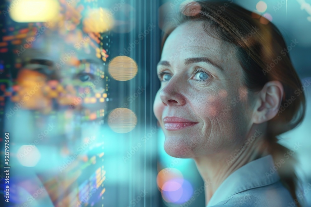 A woman gazes out of a city window, with urban scenery visible A woman gazes out of a city window, with urban scenery visible