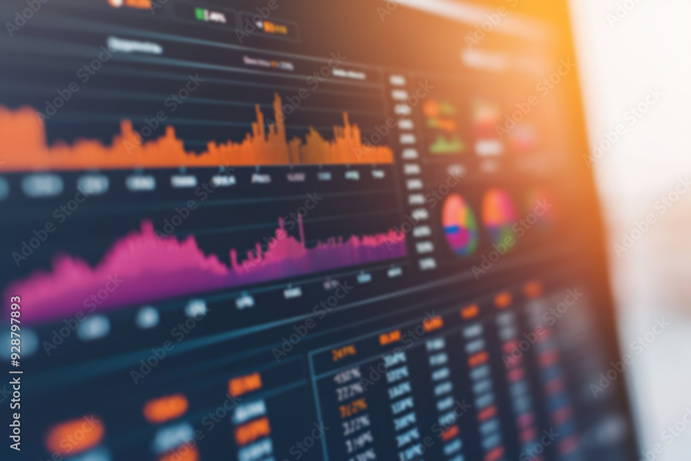 Close-up of digital financial chart and data analysis on a computer screen, showcasing stock market trends and business analytics in vibrant colors. Close-up of digital financial chart and data analysis on a computer screen, showcasing stock market trends and business analytics in vibrant colors.