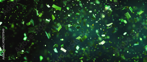 Vibrant green confetti floating against a dark background in a festive celebration atmosphere