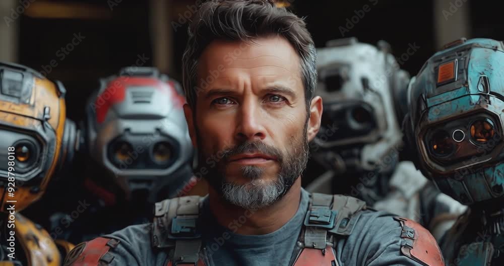 A man with beard in red sci-fi overalls poses for a photo surrounded by three colorful robots.