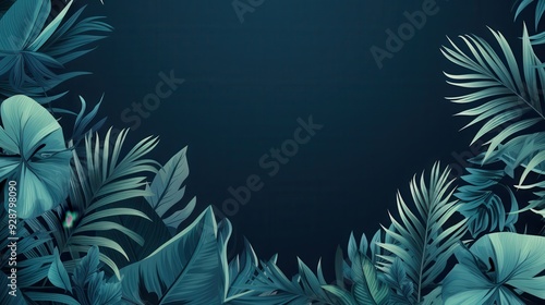 Dark blue background with tropical leaves