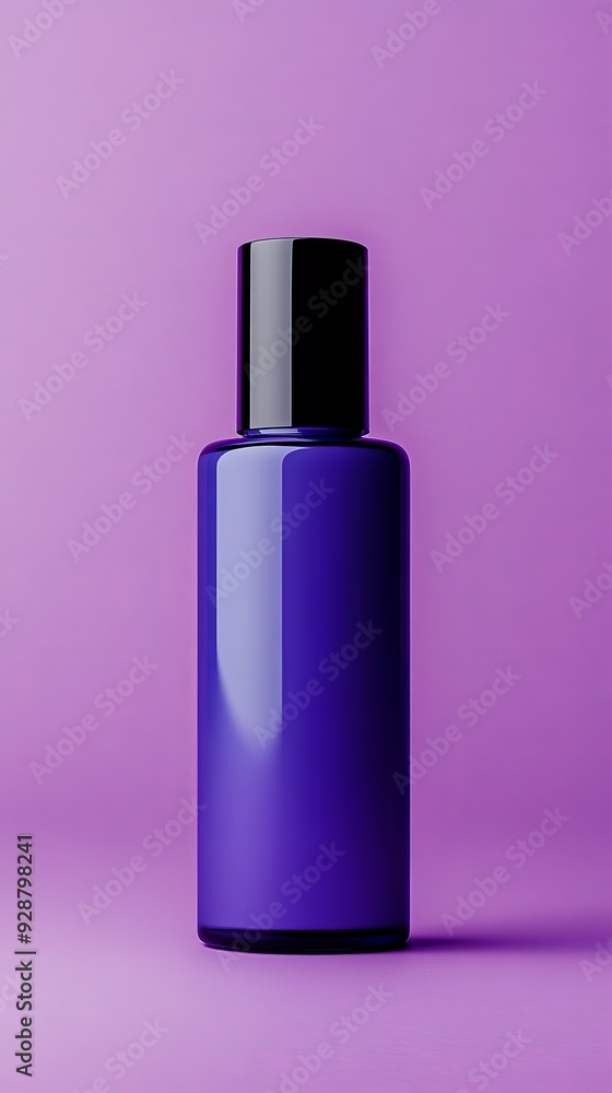 A bottle of blue liquid is sitting on a purple background A bottle of blue liquid is sitting on a purple background