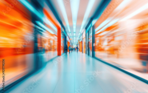 Blurred perspective view of a modern shopping mall hallway, with vibrant lights and colors creating a dynamic and energetic atmosphere.