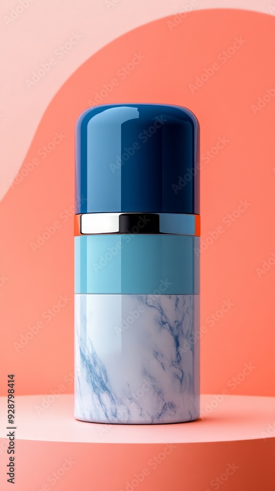 A blue and white marble container with a blue top sits on a pink background A blue and white marble container with a blue top sits on a pink background