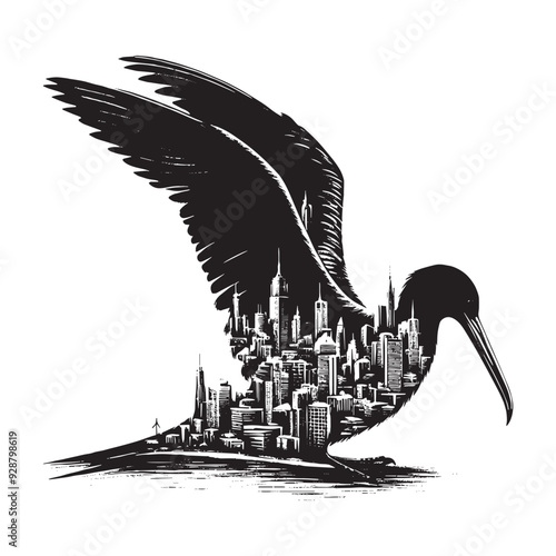 silhouette of Frigatebird filled with cityline in rough drawing