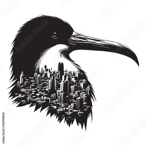 silhouette of Frigatebird filled with cityline in rough drawing