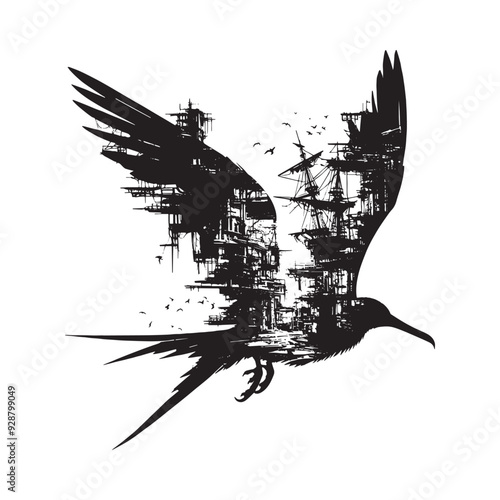 silhouette of Frigatebird filled with destroyed futuristic dystopia environment in rough drawing