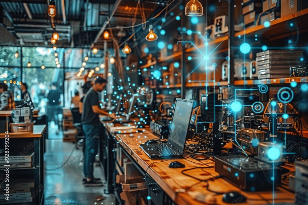 A team of professionals are busy working in a modern tech workshop filled with various equipment and gadgets, illustrating the effort and creativity in technology development. A team of professionals are busy working in a modern tech workshop filled with various equipment and gadgets, illustrating the effort and creativity in technology development.