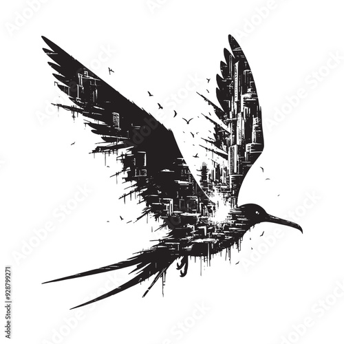 silhouette of Frigatebird filled with destroyed futuristic dystopia environment in rough drawing