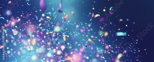 A vibrant celebration with flying confetti and colorful lights at a festive party