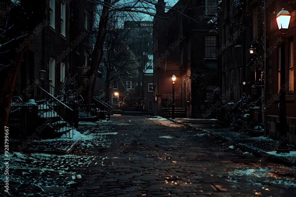 Serene Winter Evening in a Cobblestone Alleyway Serene Winter Evening in a Cobblestone Alleyway