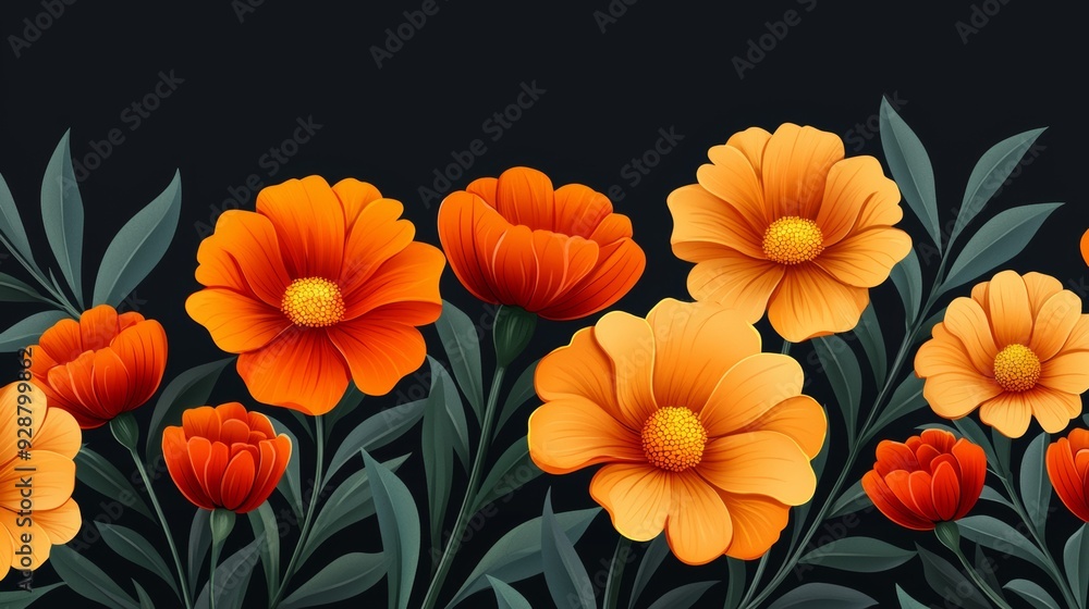 A row of orange and green flowers are displayed on a black background A row of orange and green flowers are displayed on a black background