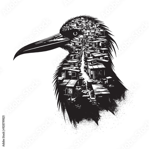 silhouette of Frigatebird filled with ghetto street in rough drawing