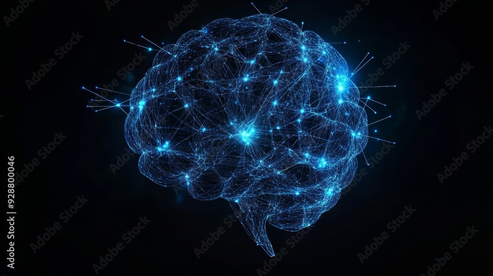 Digital brain shaped with blue neural connection lines and glowing dots Digital brain shaped with blue neural connection lines and glowing dots