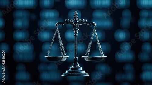 Close-up of Justice scales against a digital background, symbolizing law, justice, and digital ethics in a modern tech environment.