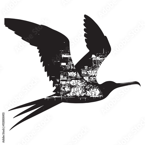 silhouette of Frigatebird filled with graffiti street wall in rough drawing