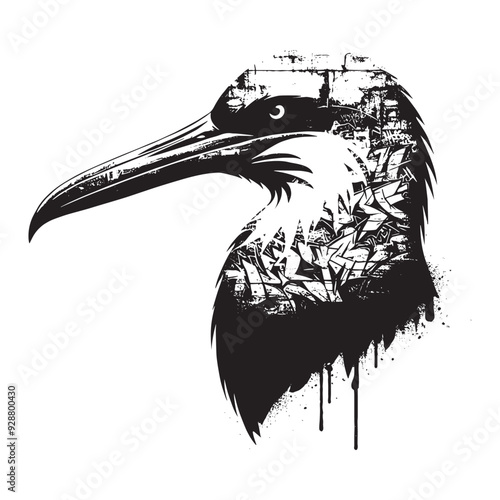 silhouette of Frigatebird filled with graffiti street wall in rough drawing