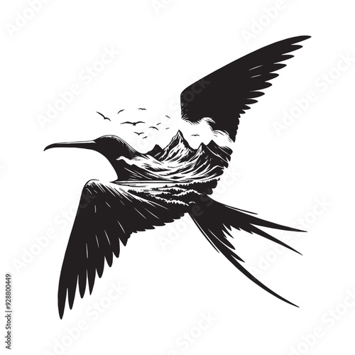 silhouette of Frigatebird filled with mountain and nature view in rough drawing