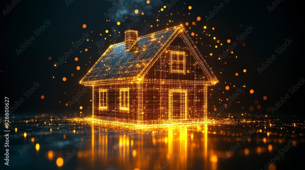 A glowing, wireframe house with bokeh lights on a dark background. A glowing, wireframe house with bokeh lights on a dark background.