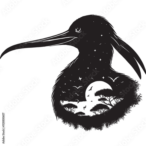 silhouette of Frigatebird filled with nature night view in rough drawing