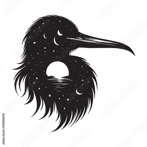 silhouette of Frigatebird filled with nature night view in rough drawing