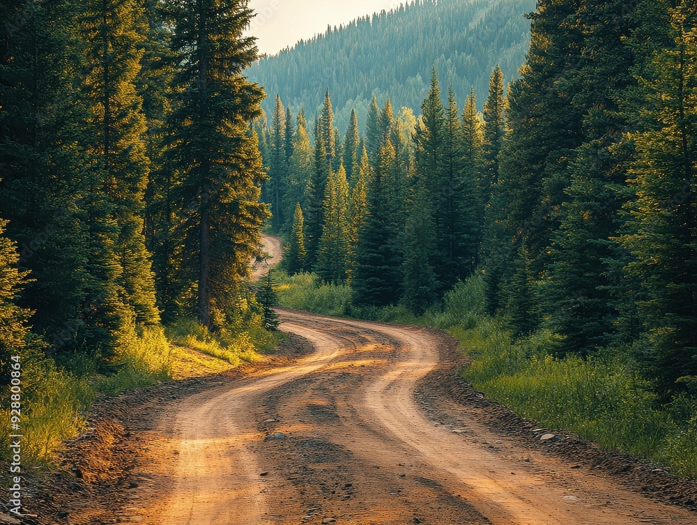 Dirt road winding through pine forest, rugged and wild. Dirt road winding through pine forest, rugged and wild.