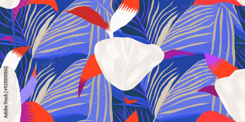 Abstract modern beautiful dramatic flowers print. Unique hand drawn botanical seamless pattern. 