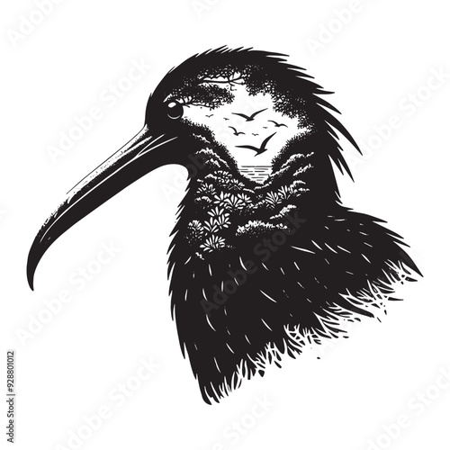 silhouette of Frigatebird filled with nature view in rough drawing