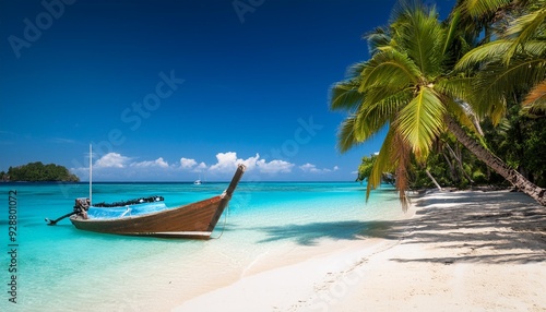 boat on a tropical beach with palm trees and blue water