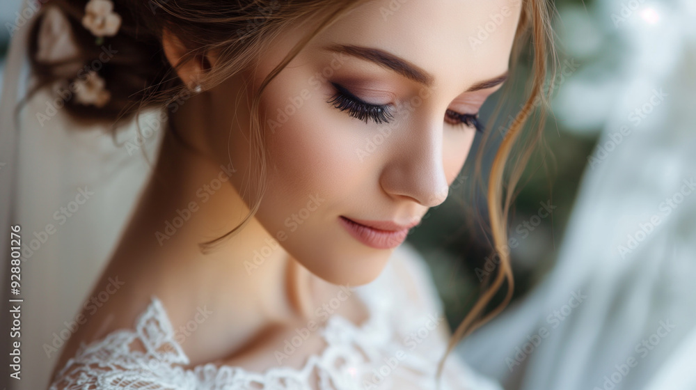 Elegant bride with beautiful wedding makeup posing in a romantic setting on her special day