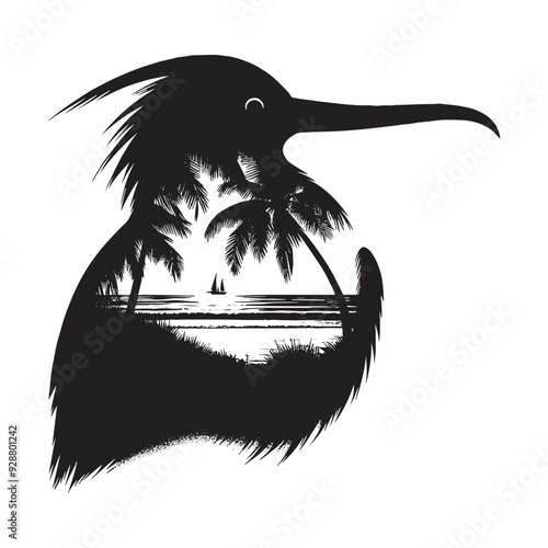 silhouette of Frigatebird filled with ocean beach view with palm tree in rough drawing