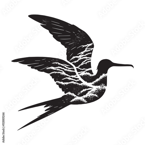 silhouette of Frigatebird filled with nature view in rough drawing