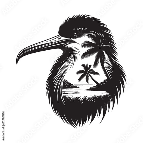 silhouette of Frigatebird filled with ocean beach view with palm tree in rough drawing