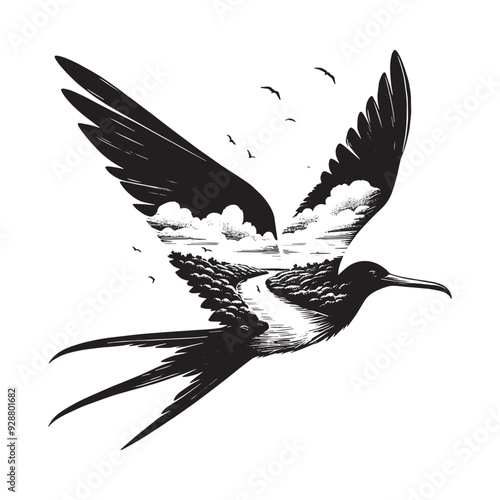 silhouette of Frigatebird filled with river view in rough drawing