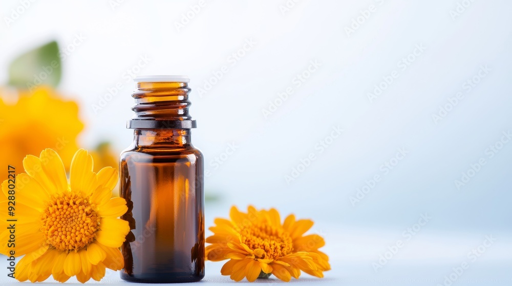 A bottle of essential oil is placed on a table next to some flowers A bottle of essential oil is placed on a table next to some flowers