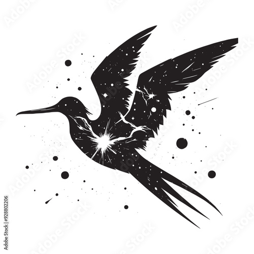 silhouette of Frigatebird filled with space and sci-fi element in rough drawing