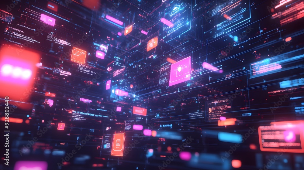 Obraz premium Abstract Digital Interface with Glowing Red and Blue Icons