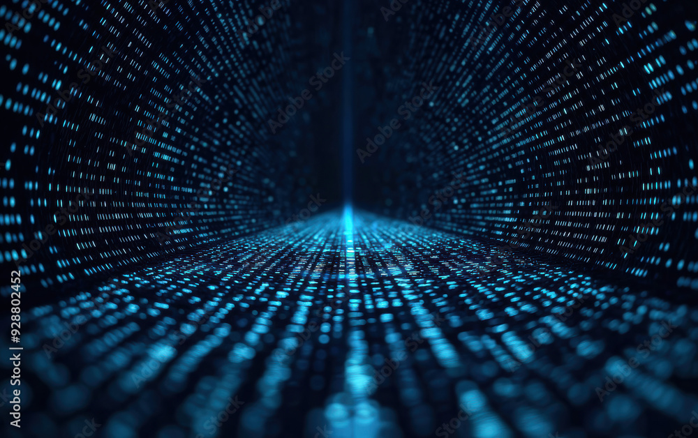 Abstract digital data tunnel with glowing blue lights representing cybersecurity, technology, and futuristic concepts in a virtual space. Abstract digital data tunnel with glowing blue lights representing cybersecurity, technology, and futuristic concepts in a virtual space.