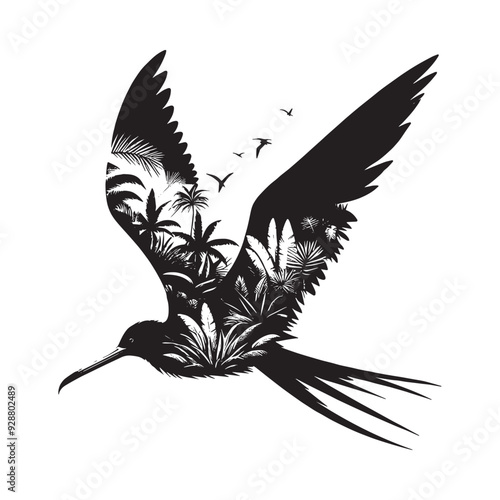 silhouette of Frigatebird filled with tropical plant in the jungle in rough drawing