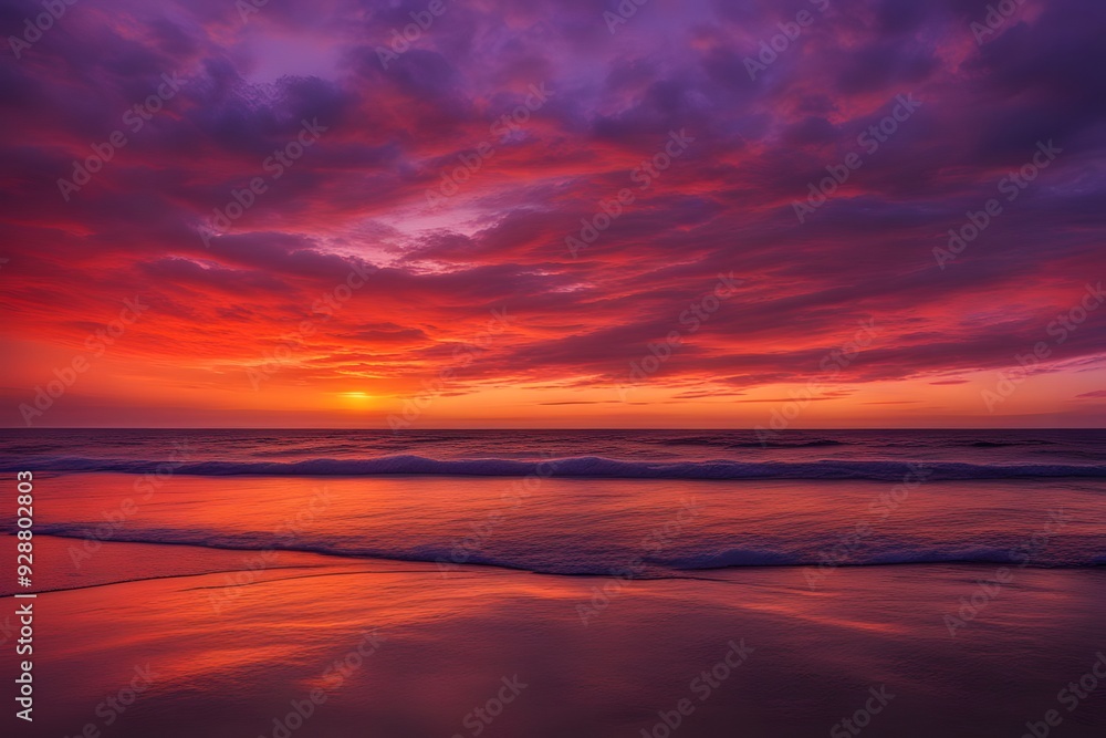 Obraz premium A peaceful sunset over a calm ocean with the sky painted in rich reds oranges and purples, AI Generated