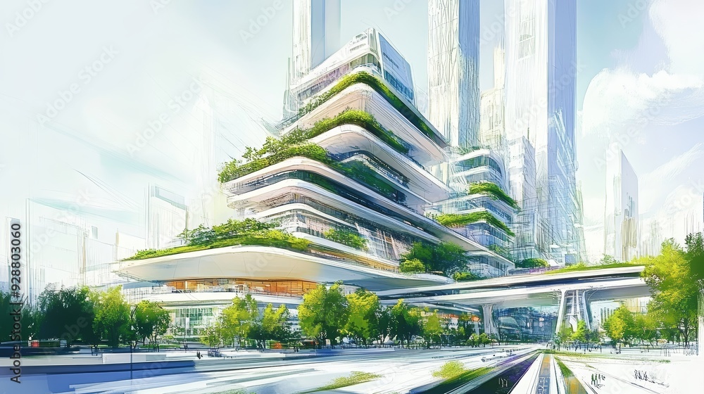 Architectural sketch of a futuristic cityscape with greenery. Architectural sketch of a futuristic cityscape with greenery.
