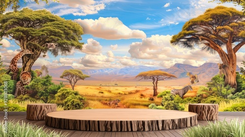 Serengeti-inspired platform surrounded by lush greenery and diverse wildlife under a vibrant sky, perfect for events or nature-themed settings. photo