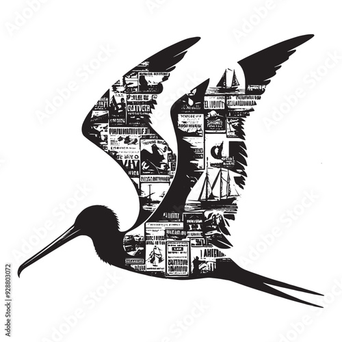 silhouette of Frigatebird filled with vintage punk's poster collage wall in rough drawing