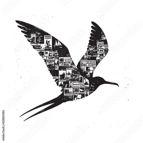 silhouette of Frigatebird filled with vintage punk's poster collage wall in rough drawing