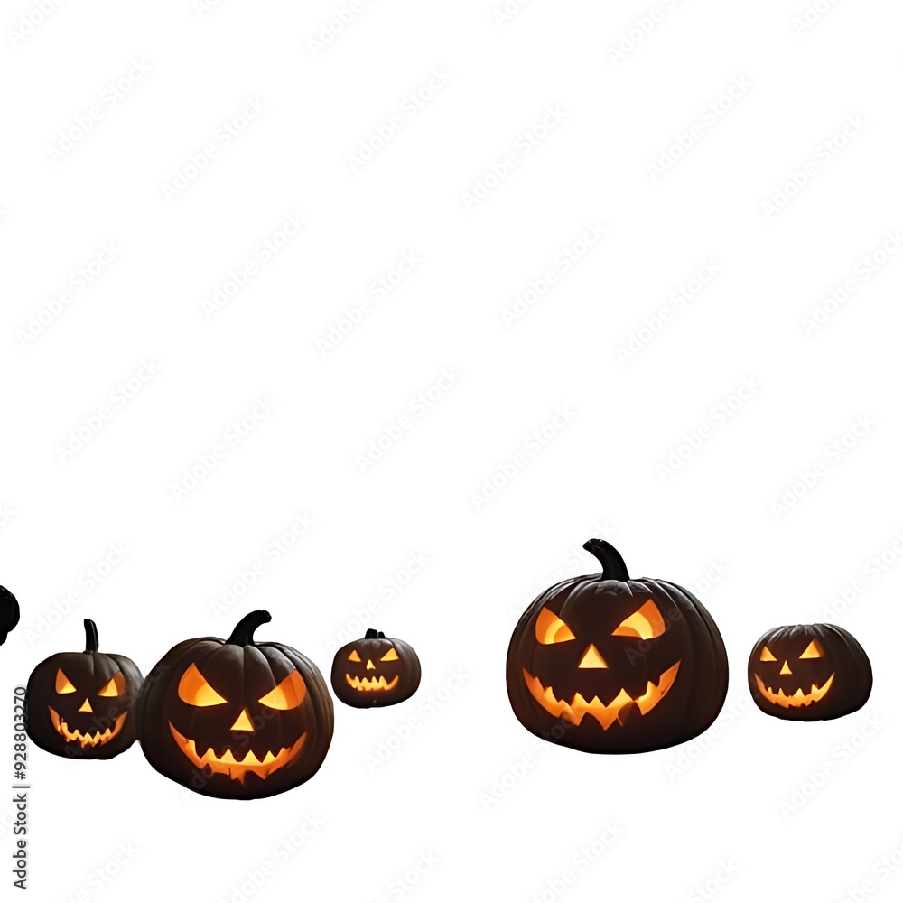 A spooky Halloween scene with carved jack-o'-lantern pumpkins glowing in a dark, eerie forest. The full moon shines in the background with flying bats and leafless trees. A spooky Halloween scene with carved jack-o'-lantern pumpkins glowing in a dark, eerie forest. The full moon shines in the background with flying bats and leafless trees.